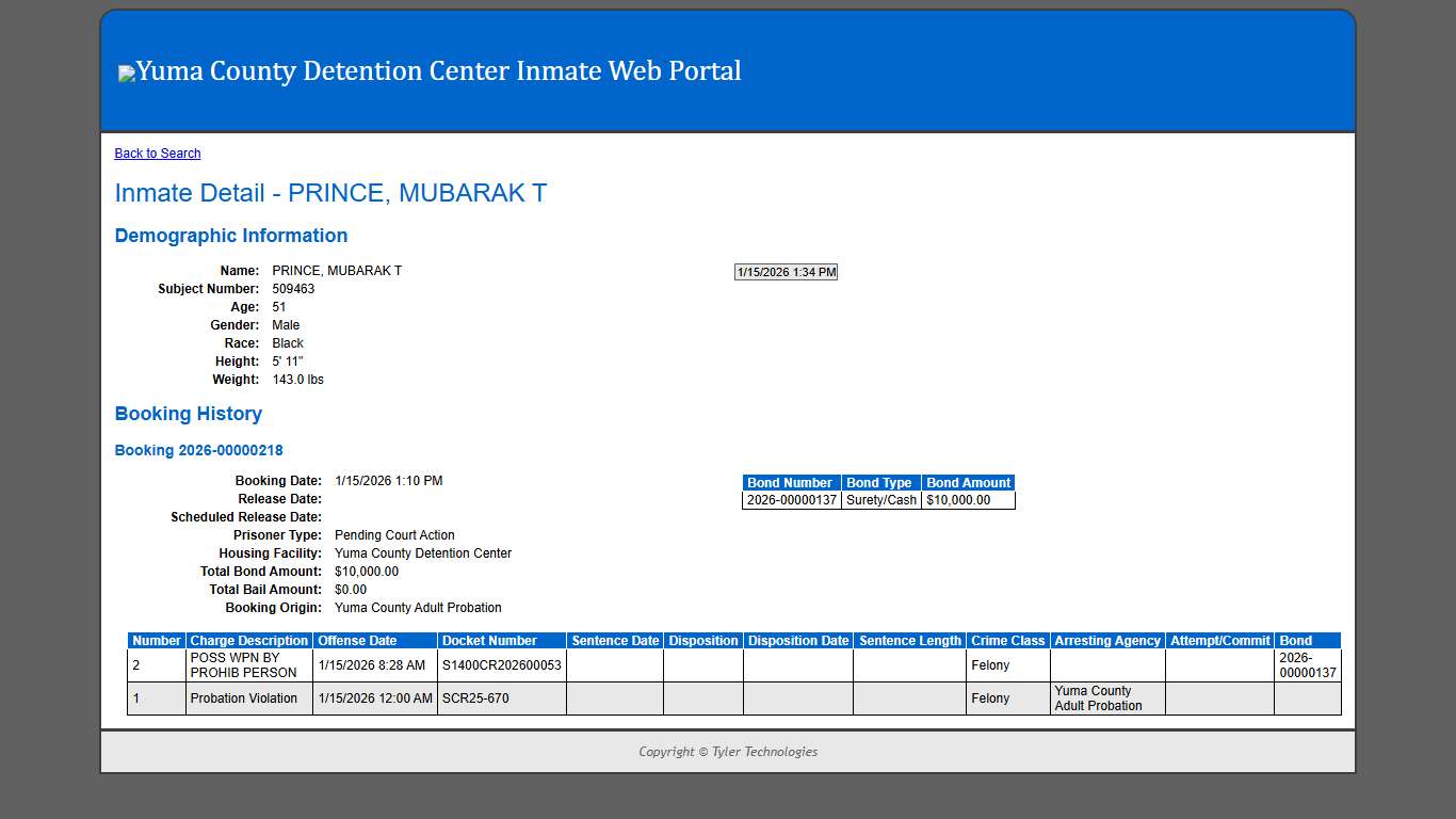 Inmate Detail - PRINCE, MUBARAK T
